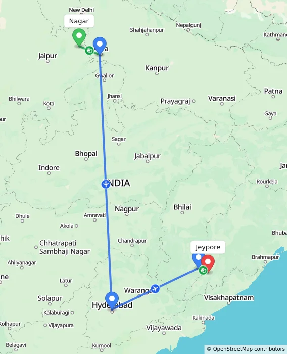 Route map showing distance and travel time from Nagar, India to Jeypore, India