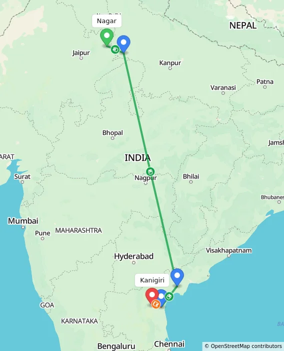 Route map showing distance and travel time from Nagar, India to Kanigiri, India