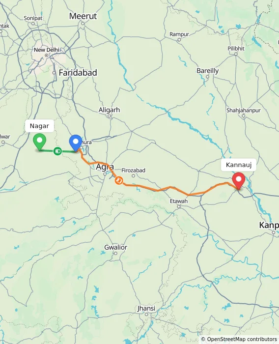 Route map showing distance and travel time from Nagar, India to Kannauj, India