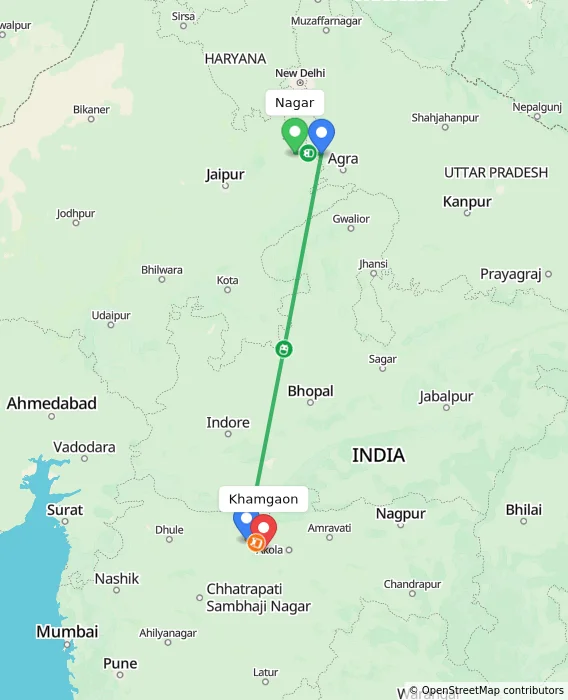 Route map showing distance and travel time from Nagar, India to Khamgaon, India
