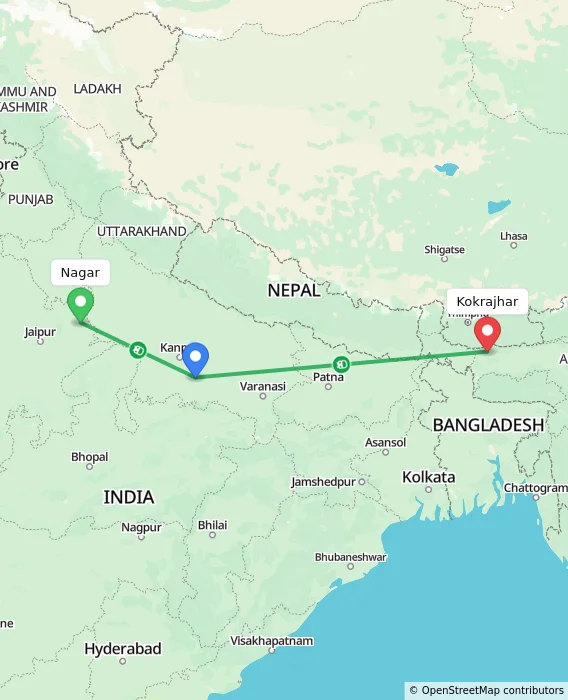 Route map showing distance and travel time from Nagar, India to Kokrajhar, India