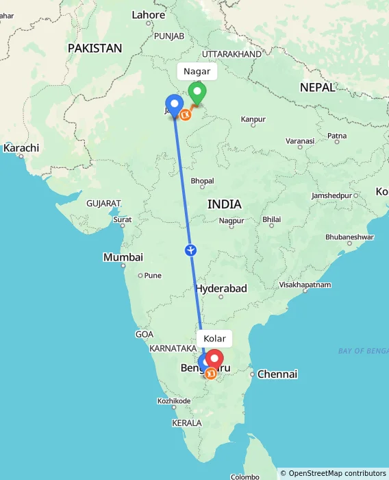Route map showing distance and travel time from Nagar, India to Kolar, India