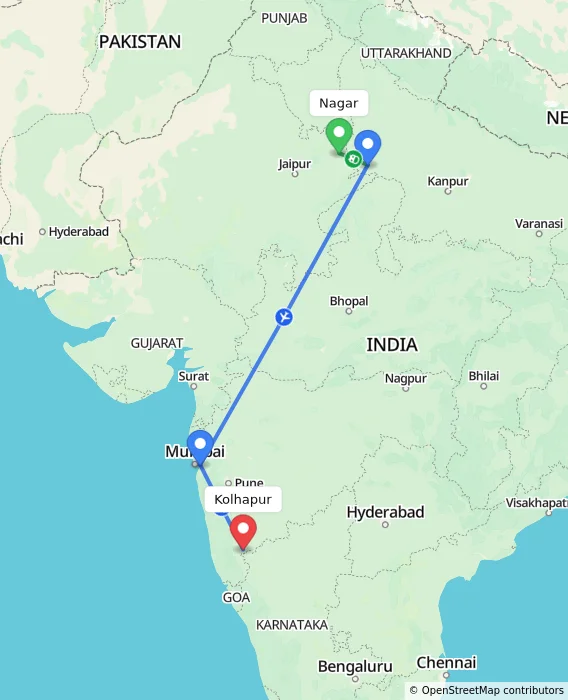 Route map showing distance and travel time from Nagar, India to Kolhapur, India