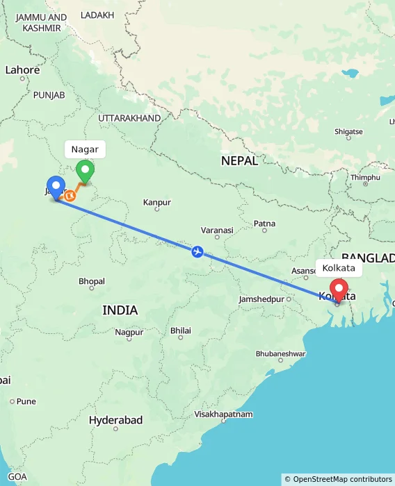 Route map showing distance and travel time from Nagar, India to Kolkata, India