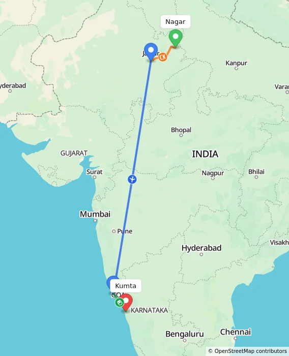 Route map showing distance and travel time from Nagar, India to Kumta, India