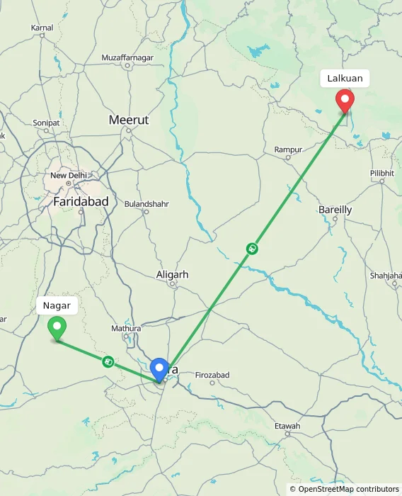 Route map showing distance and travel time from Nagar, India to Lalkuan, India