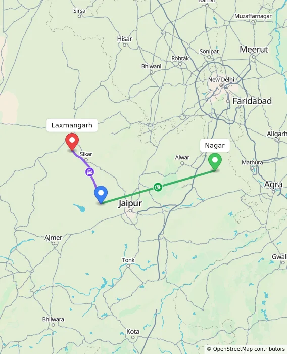 Route map showing distance and travel time from Nagar, India to Laxmangarh, India
