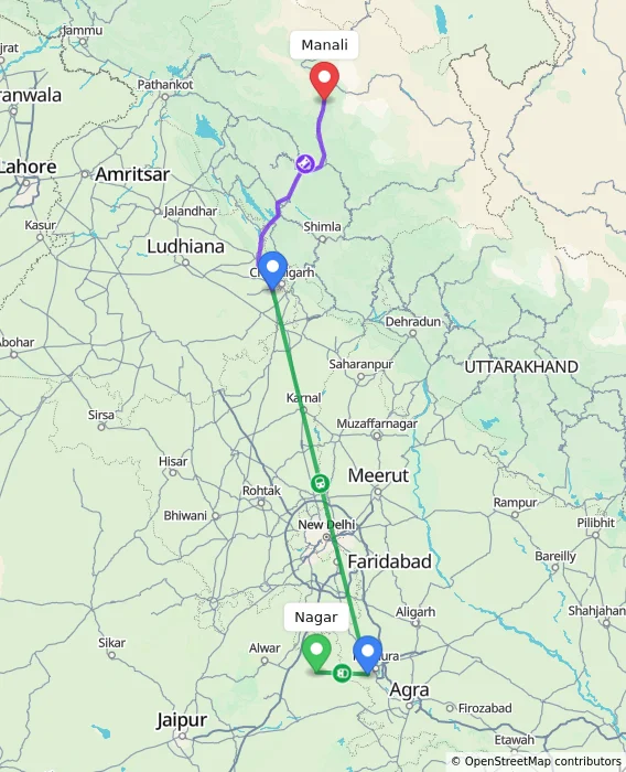 Route map showing distance and travel time from Nagar, India to Manali, India
