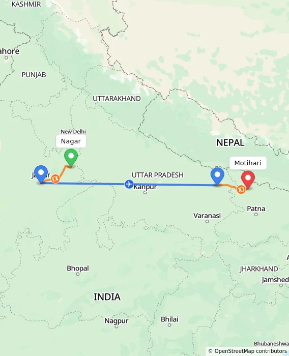 Route map showing distance and travel time from Nagar, India to Motihari, India