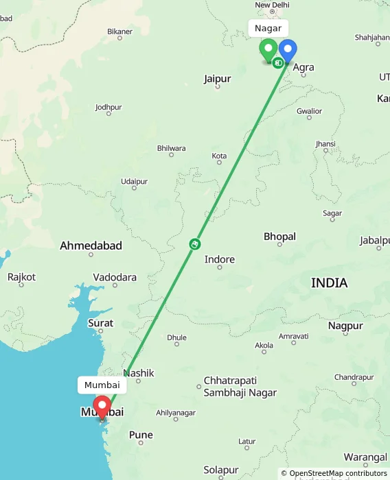 Route map showing distance and travel time from Nagar, India to Mumbai, India