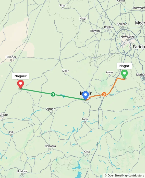 Route map showing distance and travel time from Nagar, India to Nagaur, India