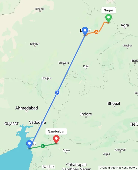 Route map showing distance and travel time from Nagar, India to Nandurbar, India