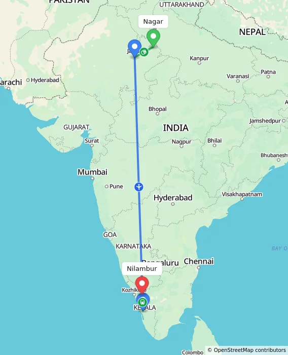 Route map showing distance and travel time from Nagar, India to Nilambur, India