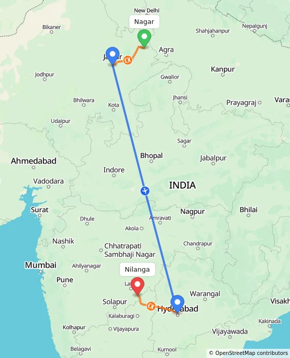 Route map showing distance and travel time from Nagar, India to Nilanga, India