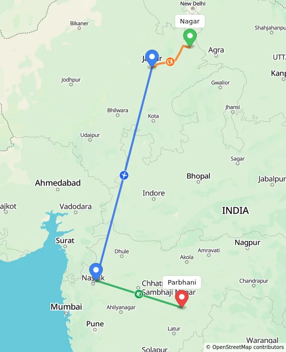 Route map showing distance and travel time from Nagar, India to Parbhani, India
