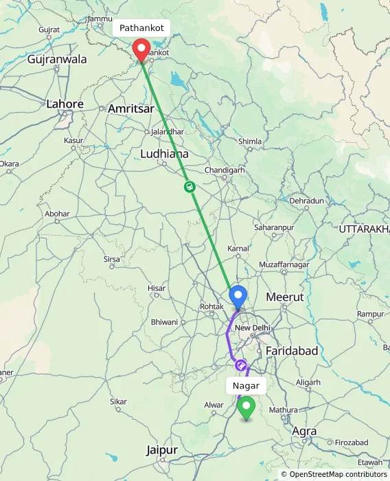 Route map showing distance and travel time from Nagar, India to Pathankot, India