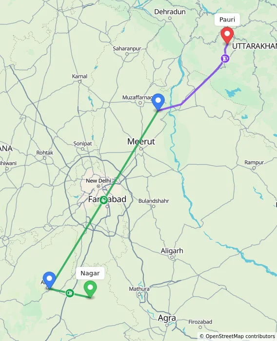 Route map showing distance and travel time from Nagar, India to Pauri, India