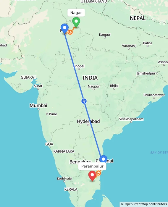 Route map showing distance and travel time from Nagar, India to Perambalur, India