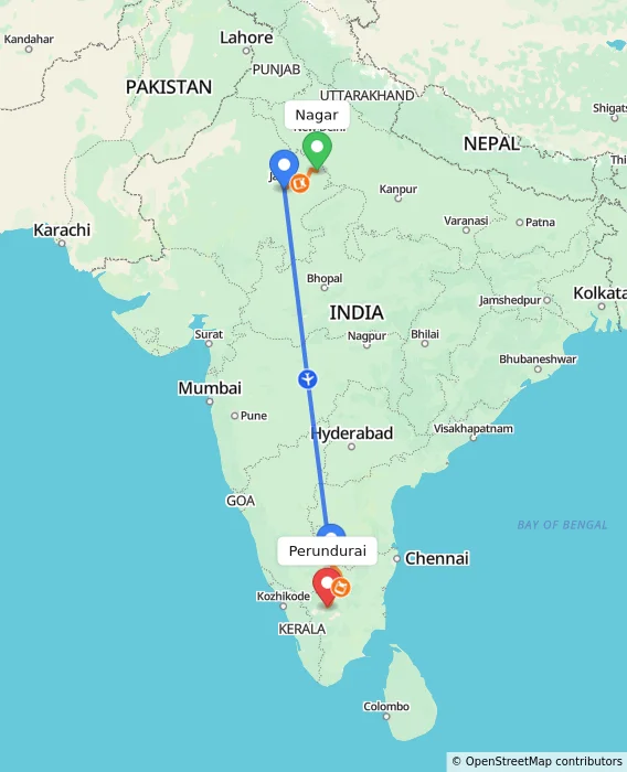 Route map showing distance and travel time from Nagar, India to Perundurai, India