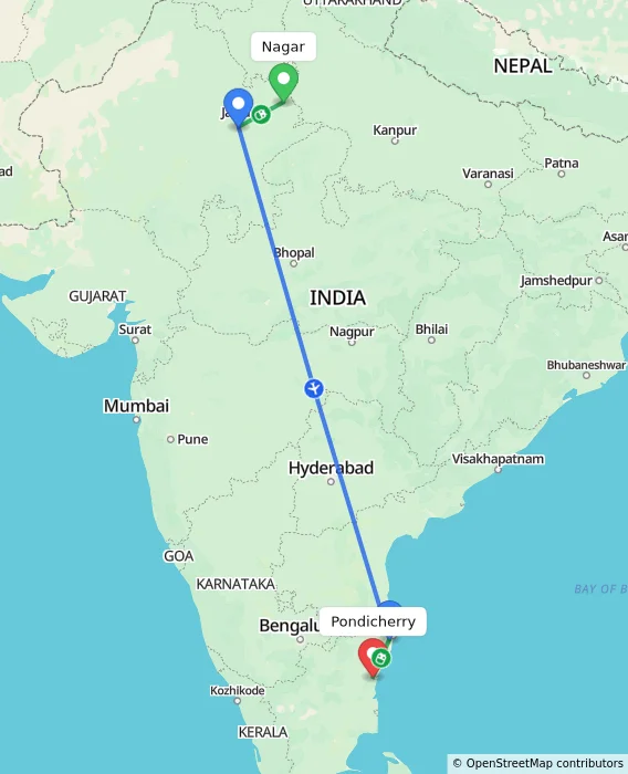Route map showing distance and travel time from Nagar, India to Puducherry, India