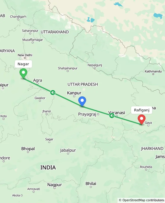 Route map showing distance and travel time from Nagar, India to Rafiganj, India