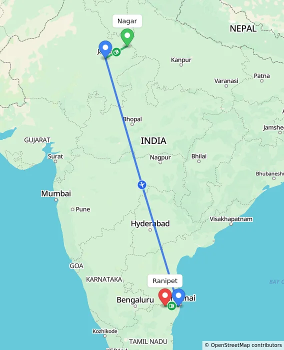 Route map showing distance and travel time from Nagar, India to Ranipet, India