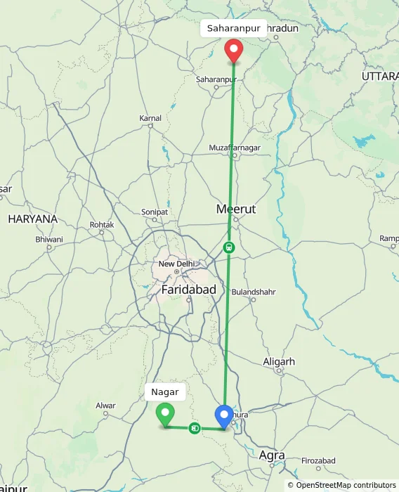 Route map showing distance and travel time from Nagar, India to Saharanpur, India