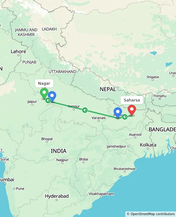 Route map showing distance and travel time from Nagar, India to Saharsa, India