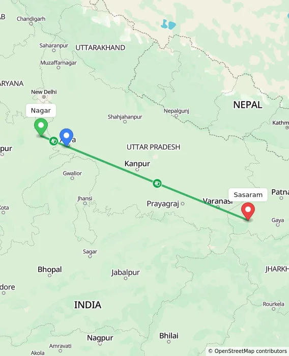 Route map showing distance and travel time from Nagar, India to Sasaram, India
