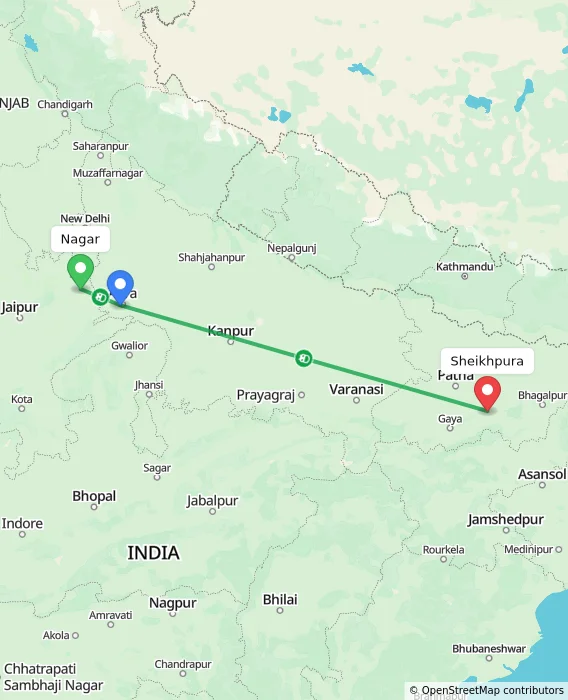 Route map showing distance and travel time from Nagar, India to Sheikhpura, India