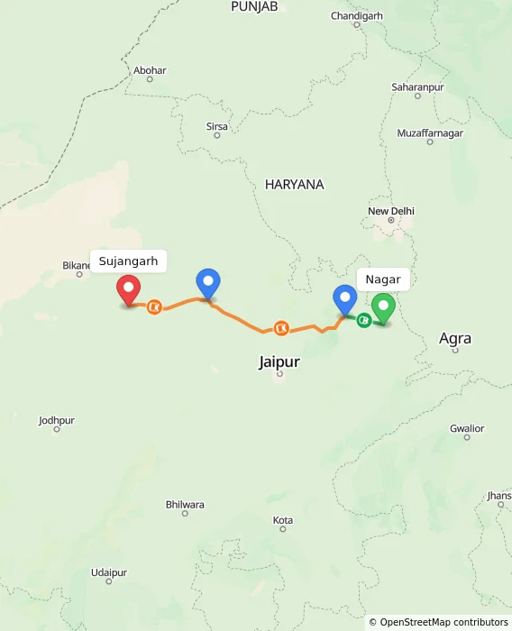 Route map showing distance and travel time from Nagar, India to Sujangarh, India