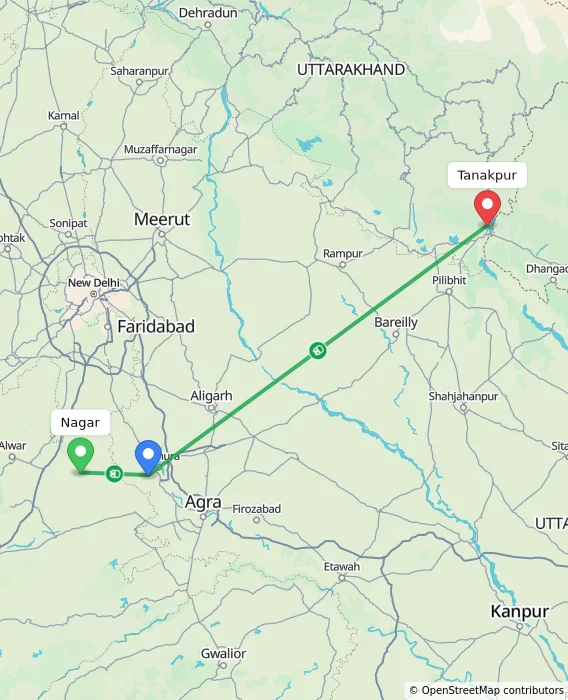 Route map showing distance and travel time from Nagar, India to Tanakpur, India