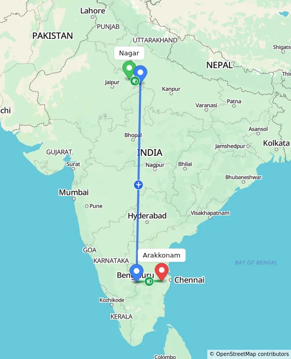 Route map showing distance and travel time from Nagar, India to Arakkonam, India