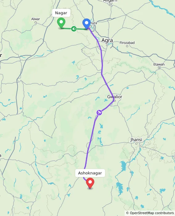 Route map showing distance and travel time from Nagar, India to Ashoknagar, India