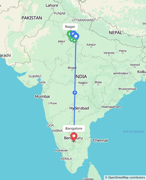 Route map showing distance and travel time from Nagar, India to Bangalore, India