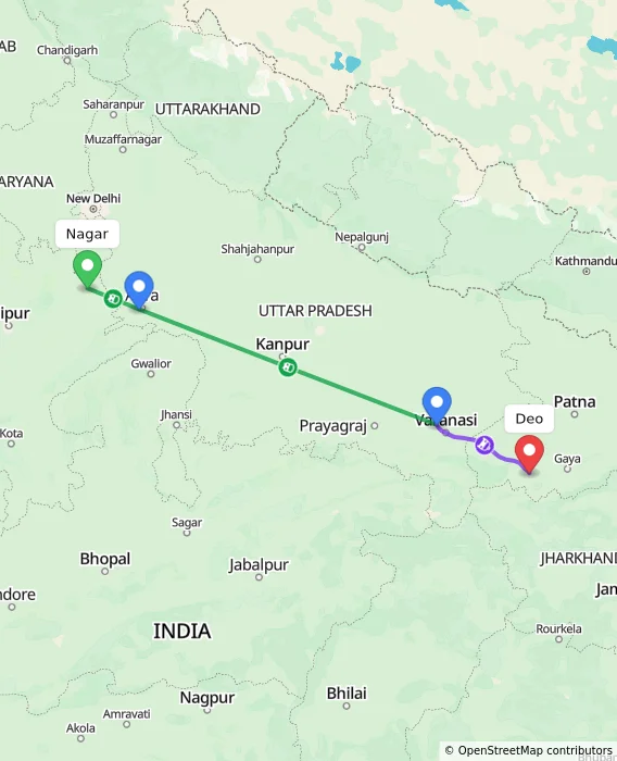 Route map showing distance and travel time from Nagar, India to Deo, India