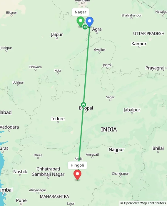 Route map showing distance and travel time from Nagar, India to Hingoli, India