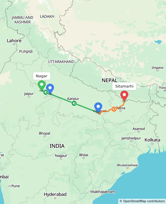 Route map showing distance and travel time from Nagar, India to Sitamarhi, India