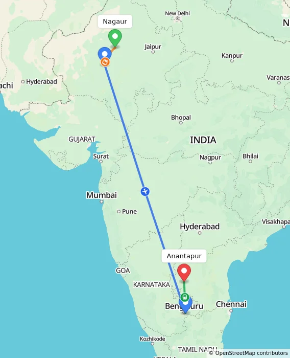 Route map showing distance and travel time from Nagaur, India to Anantapur, India