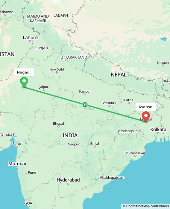 Route map showing distance and travel time from Nagaur, India to Asansol, India