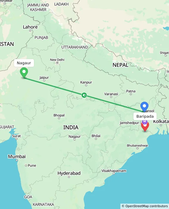Route map showing distance and travel time from Nagaur, India to Baripada, India