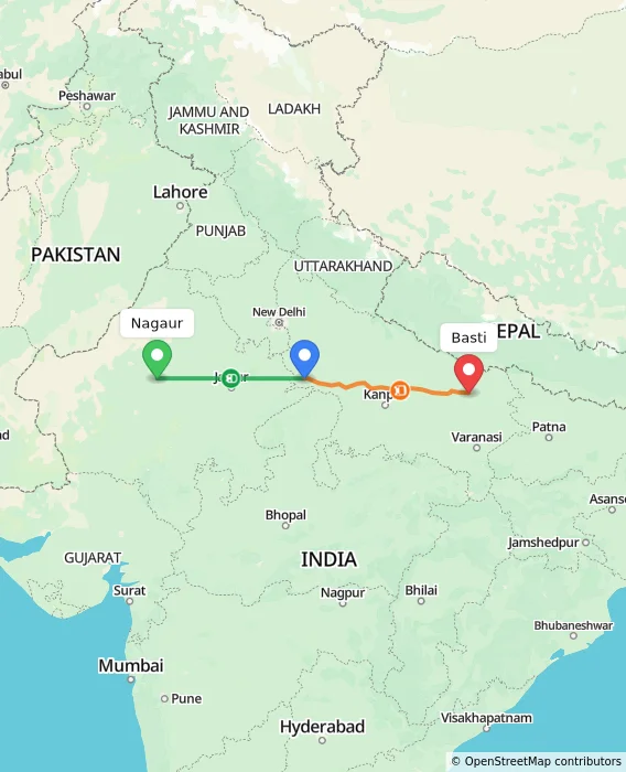 Route map showing distance and travel time from Nagaur, India to Basti, India