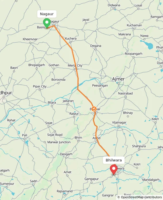 Route map showing distance and travel time from Nagaur, India to Bhilwara, India