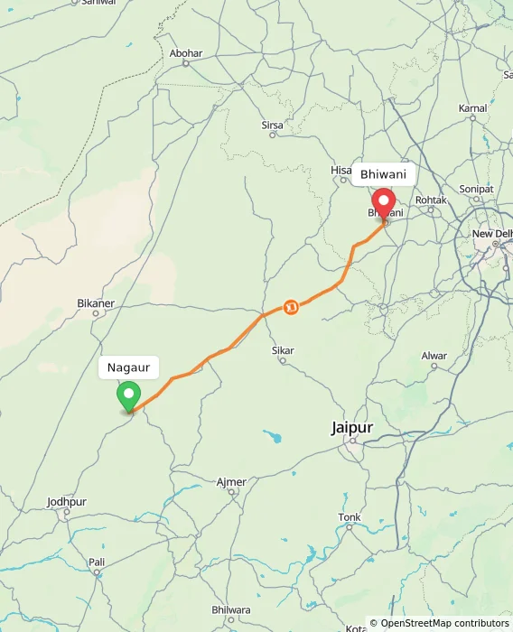 Route map showing distance and travel time from Nagaur, India to Bhiwani, India