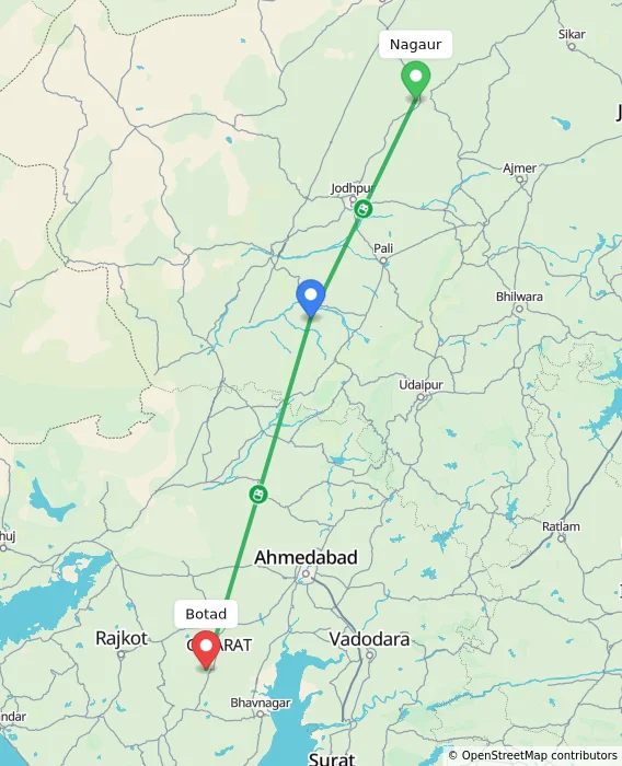 Route map showing distance and travel time from Nagaur, India to Botad, India