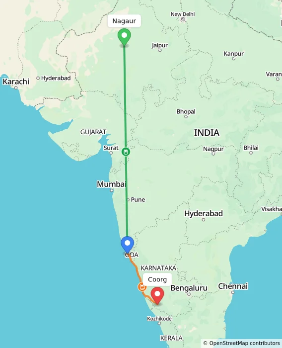 Route map showing distance and travel time from Nagaur, India to Coorg, India