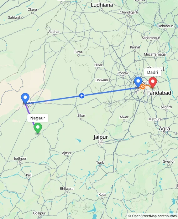 Route map showing distance and travel time from Nagaur, India to Dadri, India