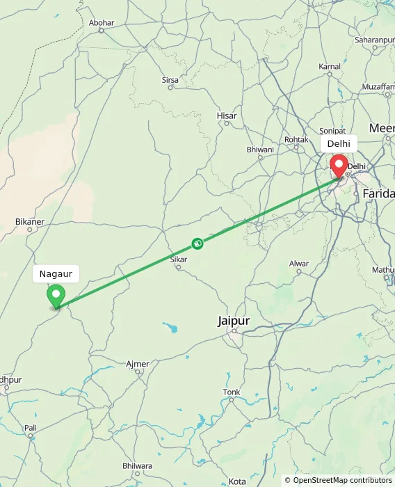 Route map showing distance and travel time from Nagaur, India to Delhi, India