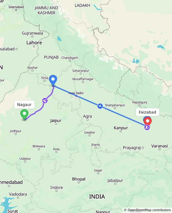 Route map showing distance and travel time from Nagaur, India to Faizabad, India