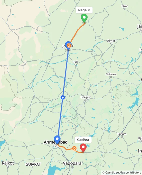 Route map showing distance and travel time from Nagaur, India to Godhra, India